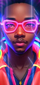 Young man with neon glasses and vibrant colors.