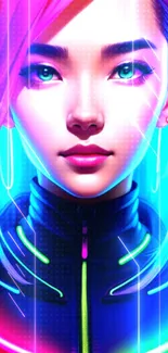 Neon-inspired digital art wallpaper with futuristic portrait in vibrant colors.