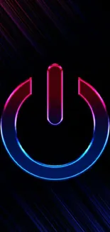 Neon power button glowing on dark background.