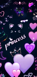 Neon princess-themed wallpaper with hearts and whimsical elements.