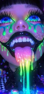 Vibrant neon psychedelic art with surreal design and dripping colors.