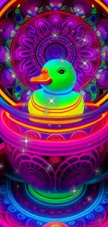 Psychedelic duck in neon colors with intricate patterns.