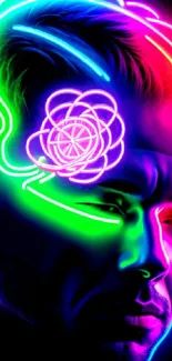 Vibrant neon portrait with psychedelic lights and abstract design.