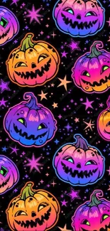 Colorful neon pumpkin Halloween wallpaper with stars.