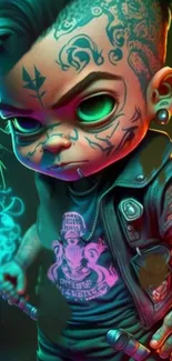 Neon punk character with tattoos and a vibrant color scheme art.