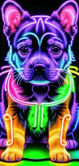 Neon puppy with glowing colors in artistic digital wallpaper.