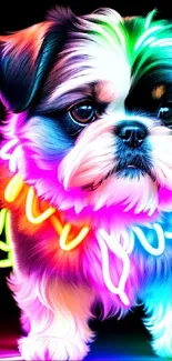 Colorful neon puppy glowing in the dark.