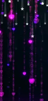 Neon purple hearts with cascading stars on a dark background.