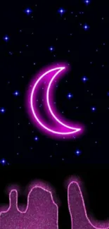 Neon purple crescent moon with starry sky backdrop.