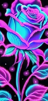 Neon purple and blue rose with vibrant leaves on a black background.