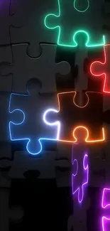 Colorful neon puzzle pieces on a black background.