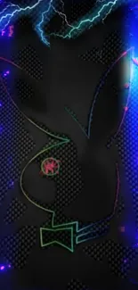 Neon rabbit design with electric blue highlights on carbon fiber background.