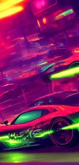 Vibrant neon race car speeding through a futuristic cityscape.