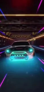 Neon sports car racing through vibrant lights.