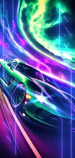 Neon car speeds under bright aurora sky.