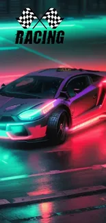 Neon racing car with colorful lights and sleek design in urban setting.