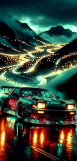 Neon drift car racing on a mountain road at night.