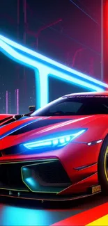 Vibrant neon racing car with glowing lights in a futuristic city background.