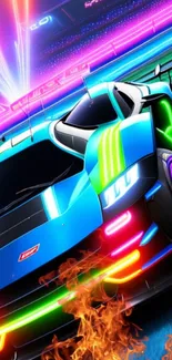 Vibrant neon racing car wallpaper with flames.