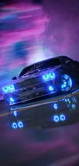 Neon racing car with blue lights and a futuristic design on a dynamic background.