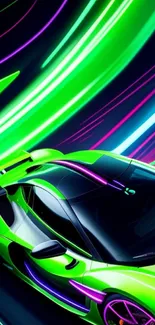 Neon green racing car with dynamic light trails on a dark background.