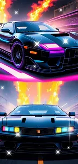 Neon racing car with vibrant colors speeding forward.