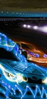 Neon racing cars speeding on a track in vibrant colors.