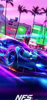 Futuristic car in neon cityscape wallpaper with palm trees.