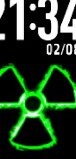 Neon green radiation symbol with clock.