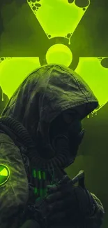 Neon green radiation-themed wallpaper with hooded figure in gas mask.