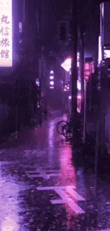 Violet neon-lit rainy city street at night wallpaper.