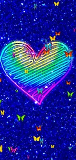 Neon rainbow heart on a blue glittery background.