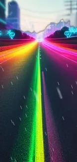 Futuristic neon road with vibrant rainbow lights and cityscape.