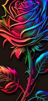 Vibrant neon rainbow rose art on dark background mobile wallpaper.