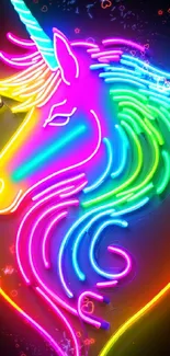 Vibrant neon rainbow unicorn art glowing on dark background.