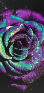 Neon rose with raindrops in purple and turquoise hues on mobile wallpaper.