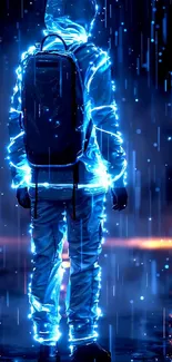 Electrifying neon blue silhouette in city rain.