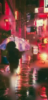 Neon-lit rainy alley at night with vivid reflections.