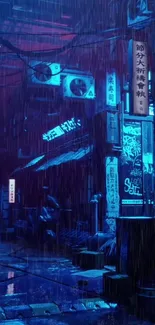 Neon-lit rainy alley with urban vibe.