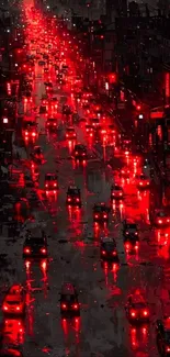 Red neon-lit traffic on a rainy city street at night.
