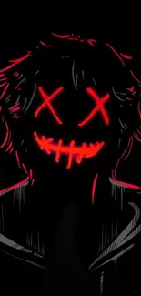 Dark wallpaper featuring a neon red smiling mask with crosses for eyes.