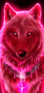 A neon red wolf with glowing eyes and a bright aura in a digital art style.