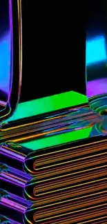 Vibrant neon stacked reflection with colorful light blend on a black background.