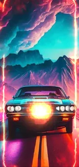 Neon retro car on a vibrant road with mountains in background.