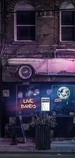 Neon lights, vintage car on wall, urban night scene.