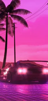 Pink neon retro car with palm trees backdrop.