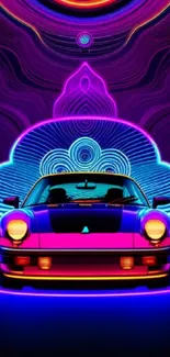 Neon retro car on a vibrant abstract background