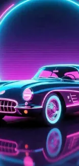 A neon retro car with vibrant 80s aesthetics and glowing colors.