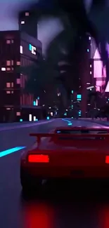 Retro-futuristic wallpaper with neon lights and a sports car on a city road.