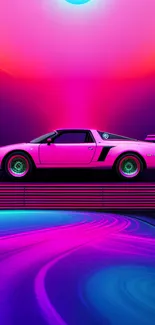 Neon pink retro sports car under vivid hues.